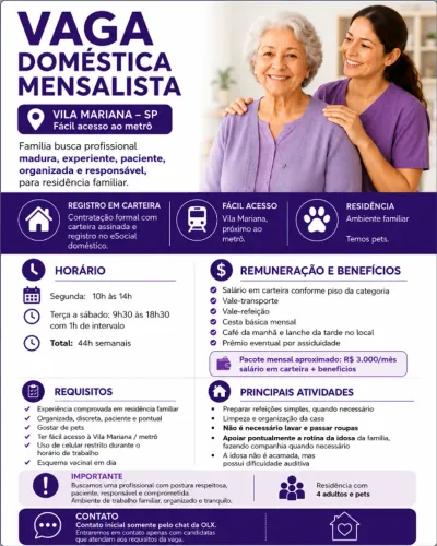 Vaga Doméstica CLT - Vila Mariana