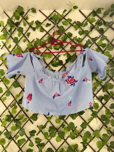 Cropped ombro a ombro listrado azul e branco