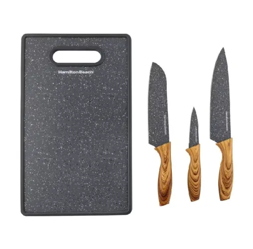 Kit de 3 Facas Inox Hamilton Beach com Tábua Grey Stone
