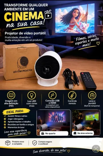 Mini Projetor De Vídeo Portátil LED HD - Entrada HDMI e USB + Controle Remoto