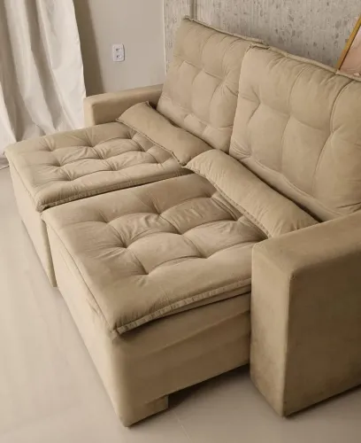Sofá 2,00m Suede Bege Retrátil e Reclinável (Usado Excelente Estado)