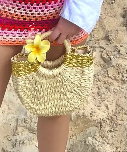 Bolsa Praia Palha Alça Tiracolo Ombro Transversal Lateral Dourado Removível
