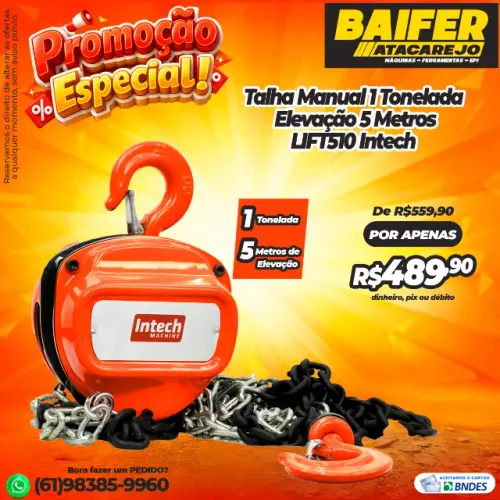 Talha Manual 1 Tonelada Elevação 5 Metros Intech