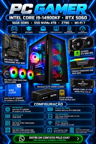 PC Gamer Intel Core i9-14900KF RTX 5060 16GB DDR5 SSD NVMe 4TB Z790 Wi-Fi 7