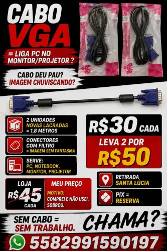 Cabo VGA Monitor PC Projetor 1,8m Novo Lacrado R$30 Cada