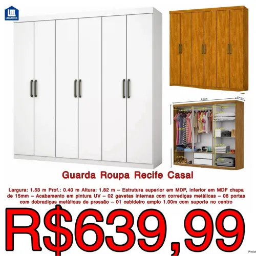 Guarda Roupas Roupas Recife 1.53m / 2 cores / frete grátis / pague na entrega /