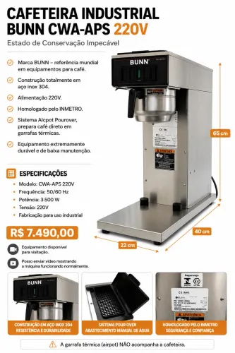 Cafeteira Industrial BUNN CWA-APS 220V - Estado de Conservação Impecável