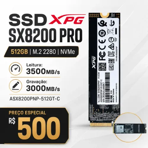 SSD XPG SX8200 PRO, 512GB, M.2 2280, NVMe, Leitura: 3500MBs e Gravação: 3000MBs, ASX8200PN