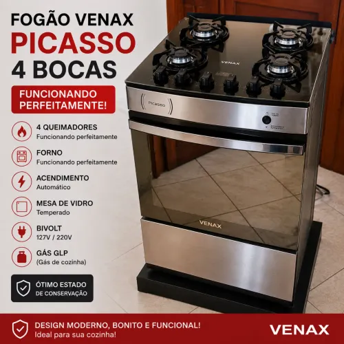 Fogão Venax Picasso Vitreo 4 Bocas | Mesa de Vidro | Forno e Queimadores Funcionando