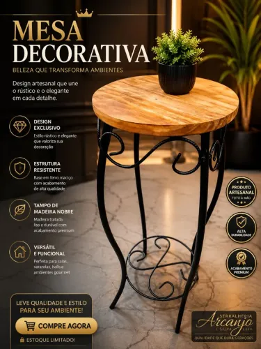 Mesa Decorativa em Madeira e Ferro Artesanal - R$ 160