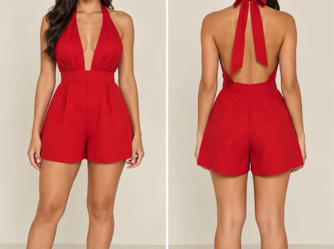 macaquinho feminino decote halter vermelho