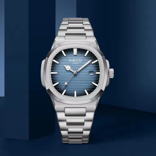 Relógio Masculino Nibosi Luxo Original Inox - Fundo Azul Clássico (Kit Completo)