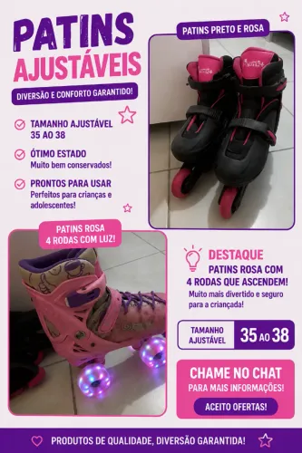 2 Patins Ajustáveis 35 ao 38 - Inline + Quad com Rodas de LED