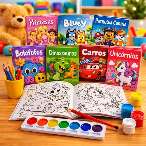 Livros de Colorir Infantil - KIT c/ 7 + Aquarela c/ 10 Cores + Pincel - Baixou preço