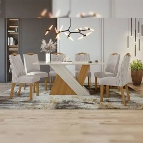 Conjunto Sala de Jantar Lopas Vênus com 6 Cadeiras Tampo de Vidro - Linho Rústico