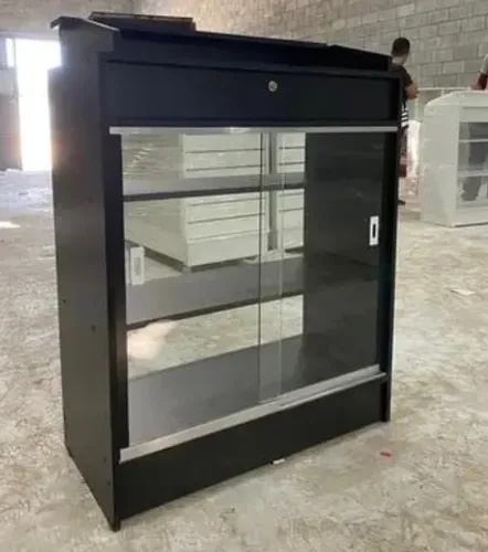 BALCÃO CAIXA VITRINE COM PORTA DE VIDRO - PRETO MDF 