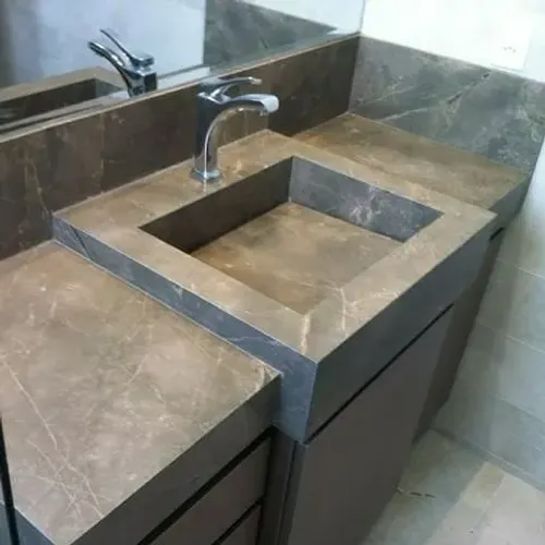 Pia, nicho, prateleiras, ilha, bancada, etc... Tudo em porcelanato 