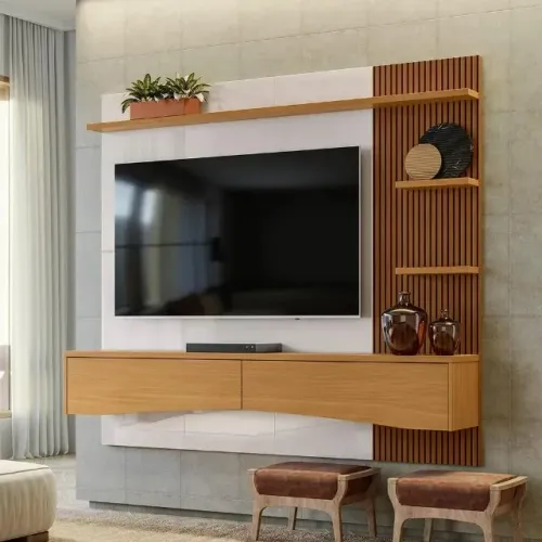 "Design Inteligente e Elegância: Painel Europa com Prateleiras e Gavetas para TV até 65 Po