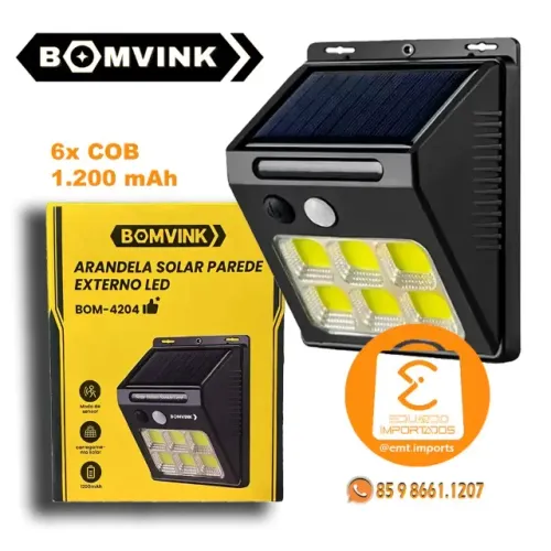 Luminária Arandela LED com Painel de Carregamento Solar e Sensor BOM-4204