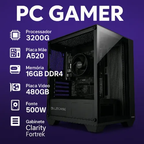 PC Gamer Amd Ryzen 3 3200G, 16Gb DDR4, SSD 480Gb, Fonte 500w, Gabinete Gamer 
