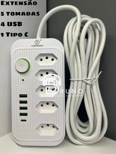 Extensão 5 Tomadas 4 USB 1 Tipo C - Kapbom