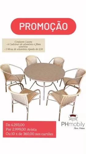 CONJUNTO COM 06 CADEIRAS LUANAS DE ALUMÍNIO COM FRIBRA SINTÉTICA E MESA DE ALUMÍNIO RIPADO
