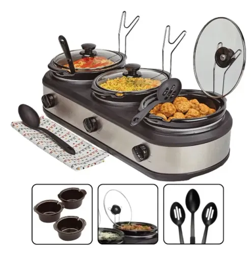 Rechaud Elétrico Triplo Buffet Slow Cooker Inox 220v 420Watts 3 Panelas Cuba