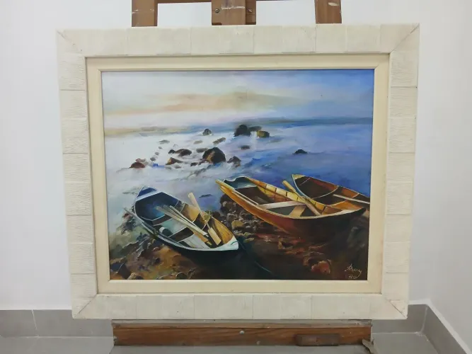 Quadro com pintura óleo sobre  de barcos 40 x 50 cmna praia