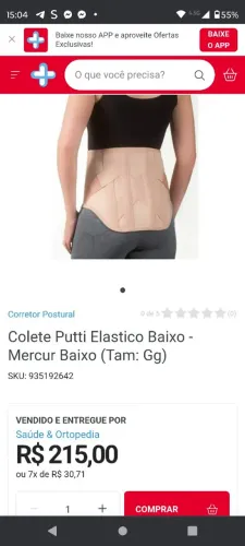 Colete corretor postural Putti elástico baixo Mercur Tam P NOVO 