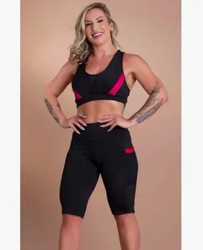 Conjunto Fitness Feminino Bermuda Com Bolso E Top Nadador Treino z1348