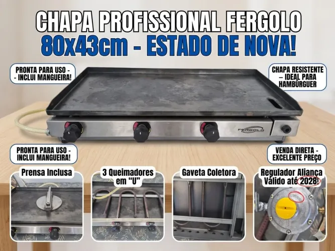 Chapa De Lanche A Gás Profissional Fergolo 80x40 + Regulador