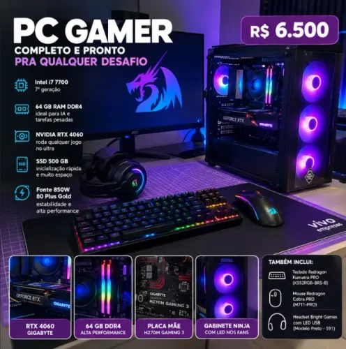 PC Gamer IA RTX 4060 64GB RAM i7 7700 SSD 500GB com teclado mouse e headset