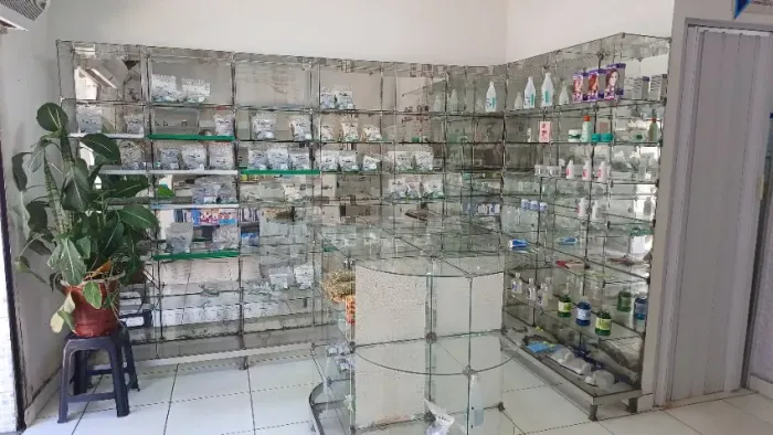 Prateleira de vidro modulado com fundo espelhado.