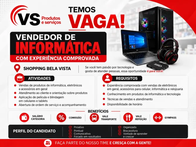 Vaga para VENDENDOR de Informática, eletrônicos, relojoaria ? SHOPPING