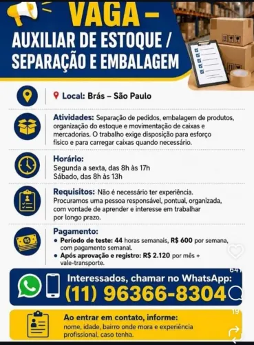 Auxiliar de Estoque - Separação e Embalagem | Brás