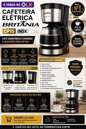 Cafeteira Britânia CP15 Inox 15 Cafés Filtro Permanente