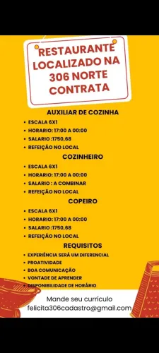 VAGA DE EMPREGO ABERTA PARA: COZINHEIRO, AUXILIAR DE COZINHA E COPERIRO