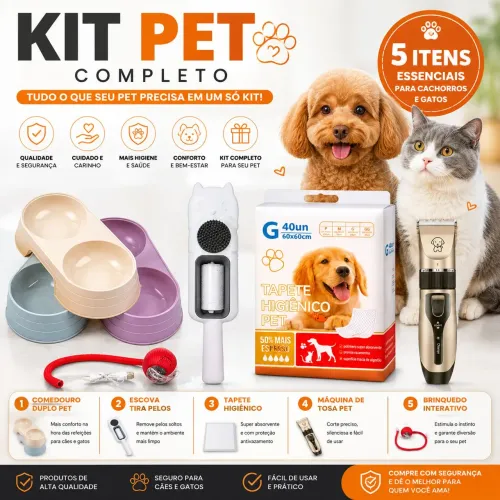 Kit Pet Completo 5 Itens Comedouro Escova Tira Pelos Máquina de Tosa Tapete Higiênico Brin