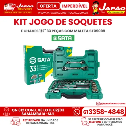 Kit Jogo de Soquetes e Chaves 1/2" 33 Peças com Maleta ST09099 Sata