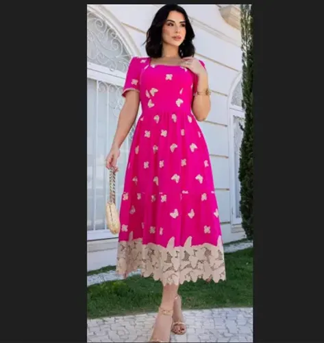 Vestido gode lese bordado 3d 100% algodão