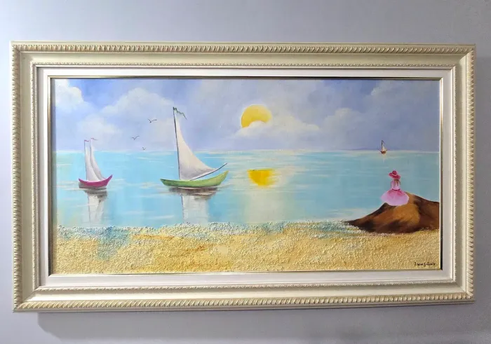Quadro Pintura à oleo, Praia com areia em alto relevo, barcos, moldura creme e dourado