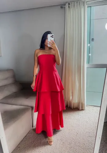 Vestido longo babado sem alça vermelho