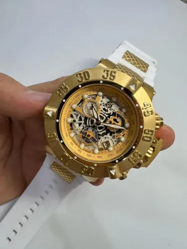 Relógio Invicta Subaqua Skeleton Dourado Branco 50mm Cronógrafo Premium AAA+