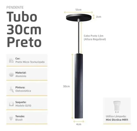 Kit 2 Pendente Tubo Cilindro Alumínio Preto 30 Cm + Led Luz Quente 3000k