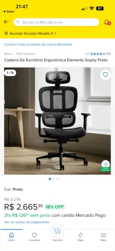 Vendo Cadeira Ergonômica Elements Sophy - Preto