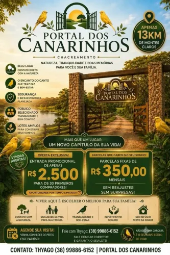 Chácaras à venda - Portal dos Canarinhos | Apenas 13 km de Montes Claros