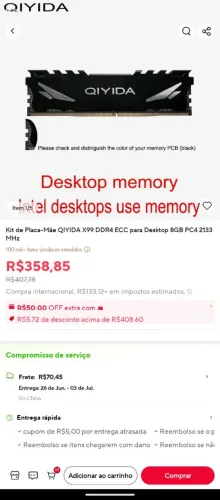 Memória ram para xeon 16gb ddr4