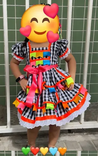 Vestido Junino Infantil Luxo 3/4 Anos | Xadrez Neon