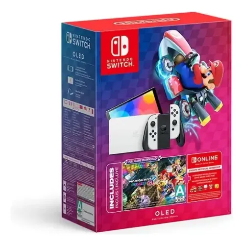 NINTENDO SWITCH OLED BRANCO + MARIO KART 8 DELUXE + 2 CONTROLES