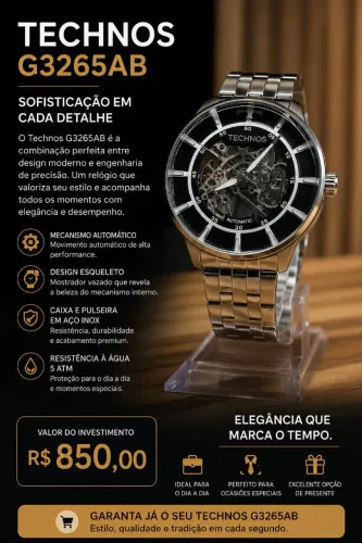 Relógio Technos esqueleto G3265AB
